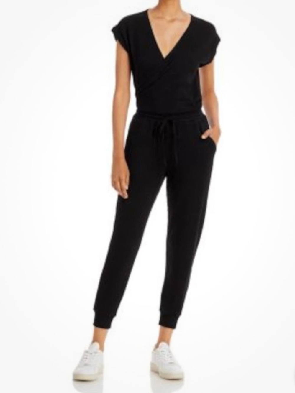 Monrow Black Crossover V-Neck Drawstring Jumpsuit